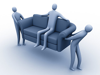 Image showing 3d people carrying another 3d person sitting on a sofa.