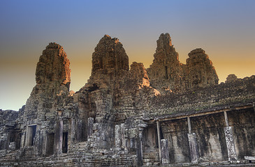 Image showing Bayon temple at sunset in Angkor Cambodia
