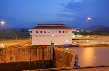 Image showing The Miraflores Locks in the Panama Canal in the sunset