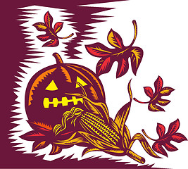 Image showing Halloween jack o lantern pumpkin with corn