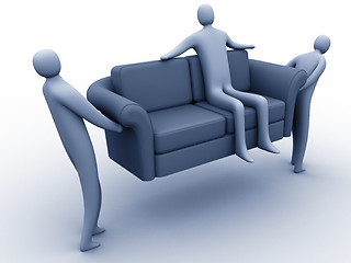 Image showing 3d people carrying another 3d person sitting on a sofa.