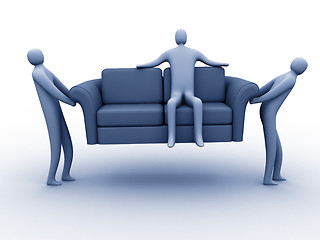 Image showing 3d people carrying another 3d person sitting on a sofa.