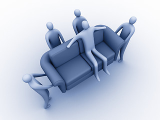 Image showing 3d people carrying another 3d person sitting on a sofa.