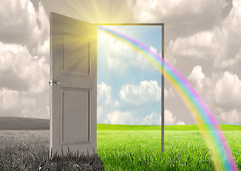 Image showing Sun rays and open door