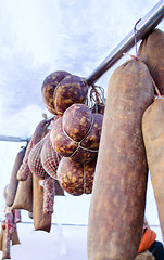 Image showing fresh smoked organic meat sausage hang market fair 