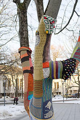 Image showing tree trunk dressed wool cloth people winter art 