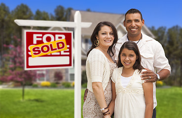 Image showing Hispanic Family in Front of Their New Home and Sign