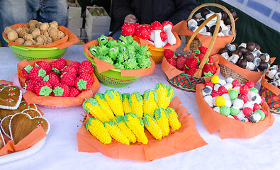 Image showing mushroom corn strawberry shape sweets market 