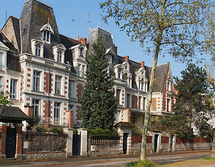 Image showing Typical blue slate, white stone, red brick house, Angers, april 