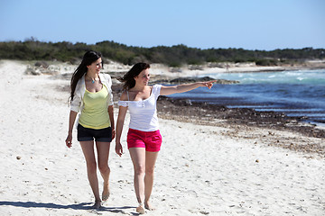 Image showing Two attractive woman walking on a beach