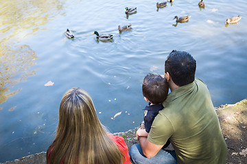 Image showing Mixed Race Mother and Father with Son at the Pond