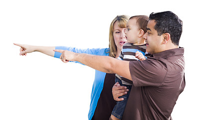 Image showing Mixed Race Couple Pointing With Son on White