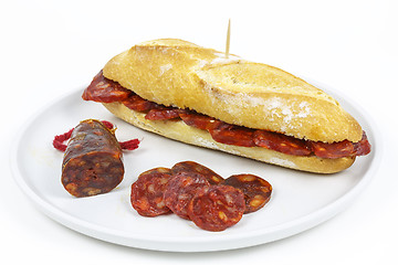 Image showing Sausage sandwich, typical Basque cap.