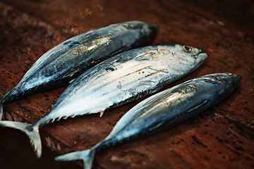 Image showing Raw fish on a wooden counter of the open market - mackerel