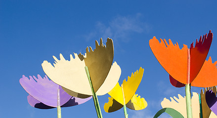 Image showing colorful design decor tulips plywood wood blue sky 