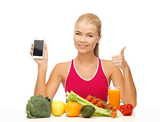 Image showing woman with fruits, vegetables and smartphone