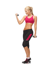 Image showing young sporty woman with light dumbbells