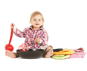 Image showing adorable baby cook with pan