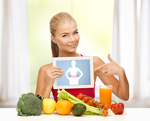 Image showing woman with fruits, vegetables and tablet pc