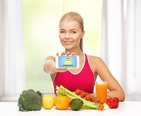 Image showing woman with fruits, vegetables and smartphone