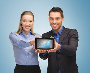 Image showing two business people showing tablet pc with graph