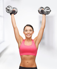 Image showing woman with heavy steel dumbbells