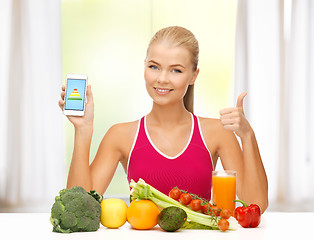 Image showing woman with fruits, vegetables and smartphone