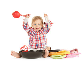 Image showing adorable baby cook with pan