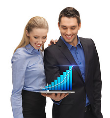 Image showing two business people showing tablet pc with graph