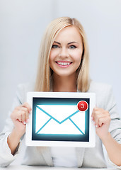 Image showing woman holding tablet pc with email sign