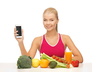 Image showing woman with fruits, vegetables and tablet pc