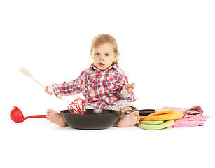 Image showing adorable baby cook with pan