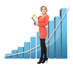 Image showing businesswoman with big 3d chart and folders