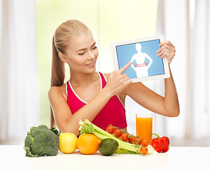 Image showing woman with fruits, vegetables and tablet pc