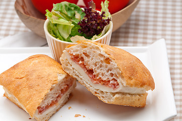 Image showing ciabatta panini sandwich with parma ham and tomato