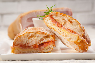 Image showing ciabatta panini sandwich with parma ham and tomato