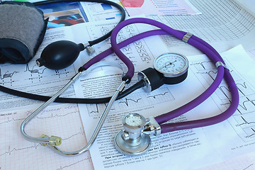 Image showing Medical devices: a stethoscope for auscultation of patients and 