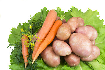 Image showing Potatoes, carrots, green salad on a white background.