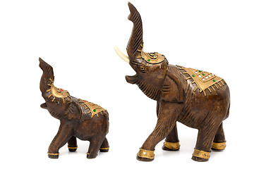 Image showing Two wooden statues of elephants