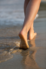 Image showing Beautiful woman legs on the beach at sunset