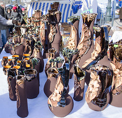 Image showing People crockery clay vase outdoor marketplace fair 