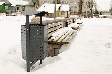 Image showing town bench waste bin cover snow house winter 