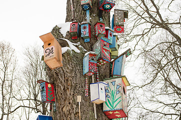 Image showing bird house nesting box snow tree trunk winter 