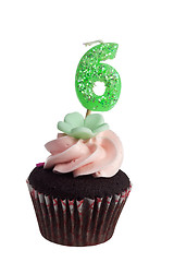 Image showing Mini cupcake with birthday candle for six year old