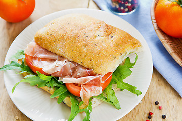 Image showing Prosciutto on Olive Ciabatta sandwich