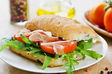Image showing Prosciutto on Olive Ciabatta sandwich