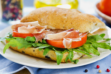 Image showing Prosciutto on Olive Ciabatta sandwich