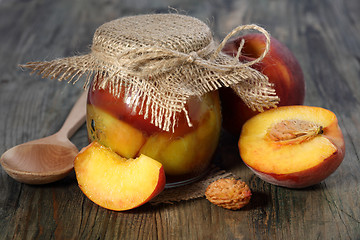 Image showing Peaches and pot of jam.