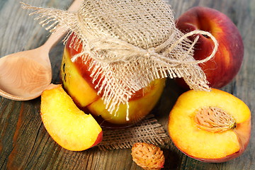 Image showing Peaches and pot of jam close up.