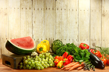 Image showing Grocery Produce Items on a Wooden Plank